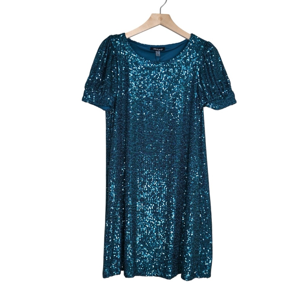 Cable & Gauge Women's M Short Sleeve Sequin Lined Mini Dress in Green NEW